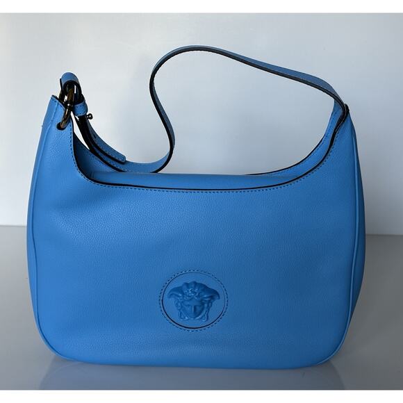 NWT $1875 Versace Medusa Head Calf Leather Blue Medium Hobo Bag 1000699 IT - Picture 1 of 16